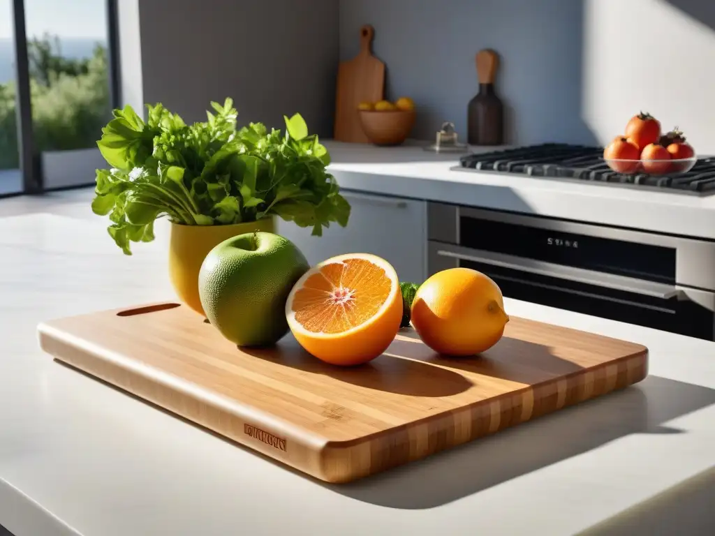 Tablas de cortar veganas modernas en una cocina contemporánea con frutas y verduras vibrantes