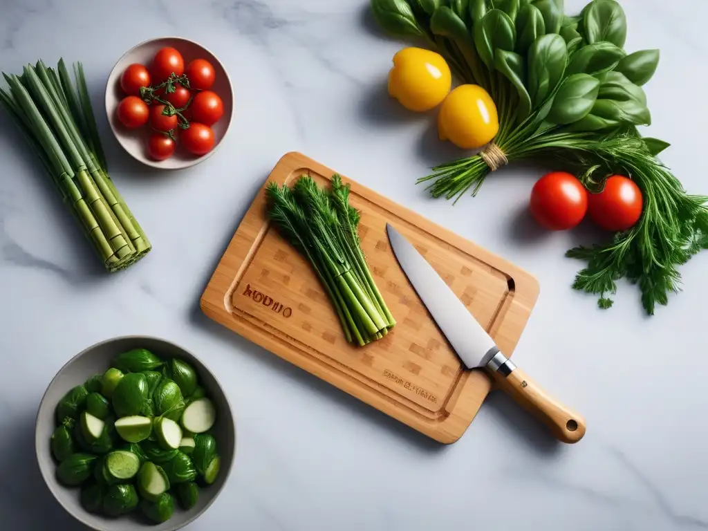 Tablas de cortar veganas modernas: Un elegante diseño geométrico de bambú sostenible sobre mármol, rodeado de vegetales frescos