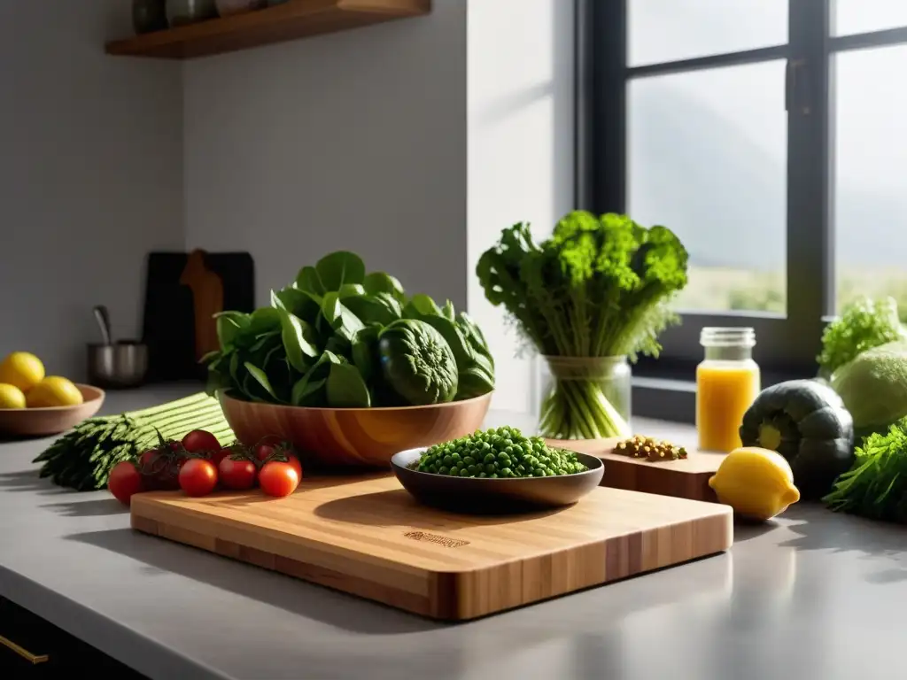 Tablas de cortar para veganos: cocina moderna con tablas de bambú, plástico reciclado y madera de acacia, rodeadas de verduras y hierbas frescas