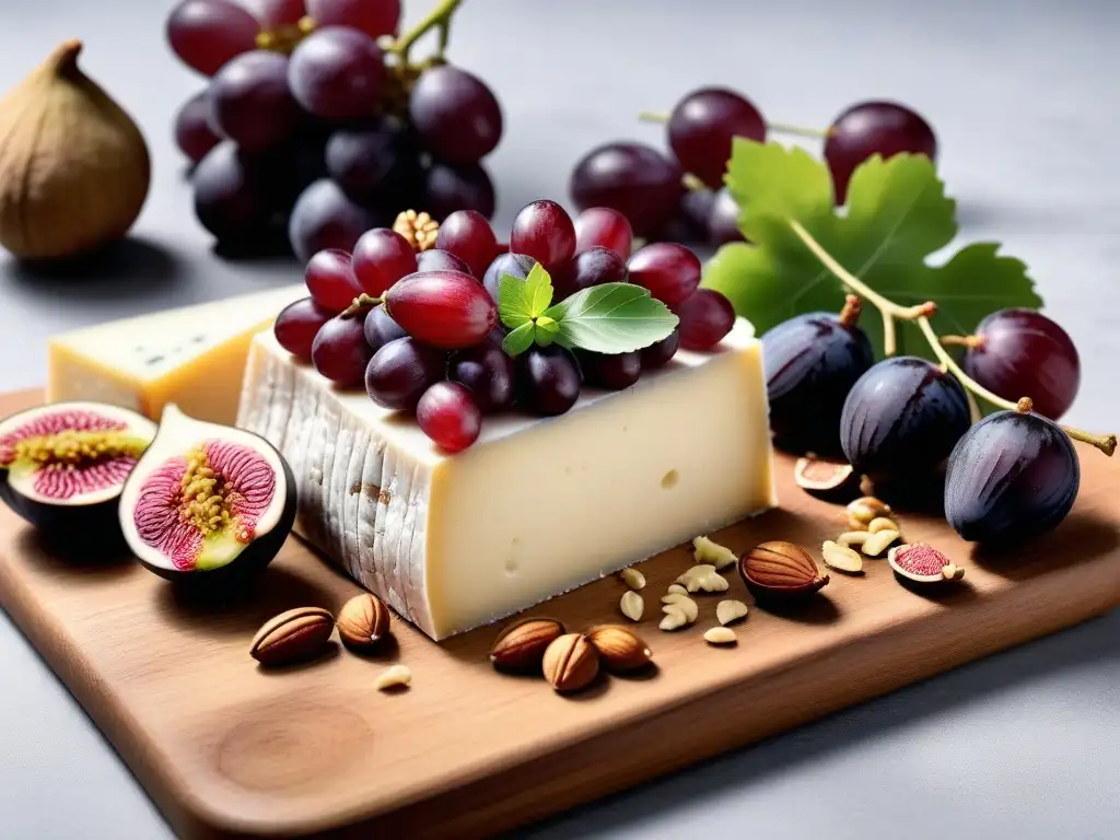 Tablero de madera rústico con Queso Pecorino Vegano, uvas rojas y nueces