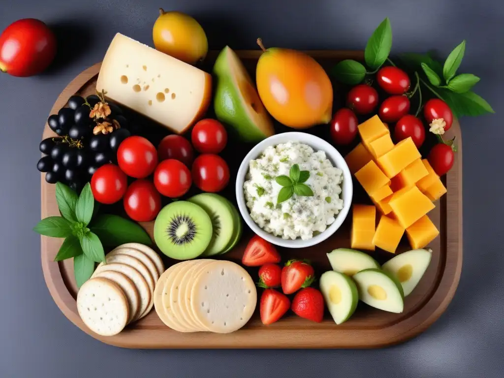 Un tablero de quesos veganos coloridos y vibrantes, con sabores latinos, decorado con frutas y hierbas frescas