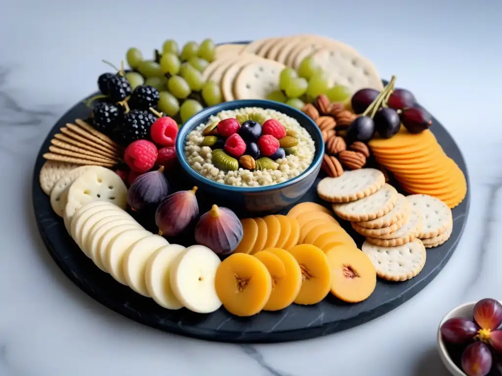 Tablero vegano de charcutería creativa para fiestas: quesos, frutas, nueces y flores comestibles en plato de mármol