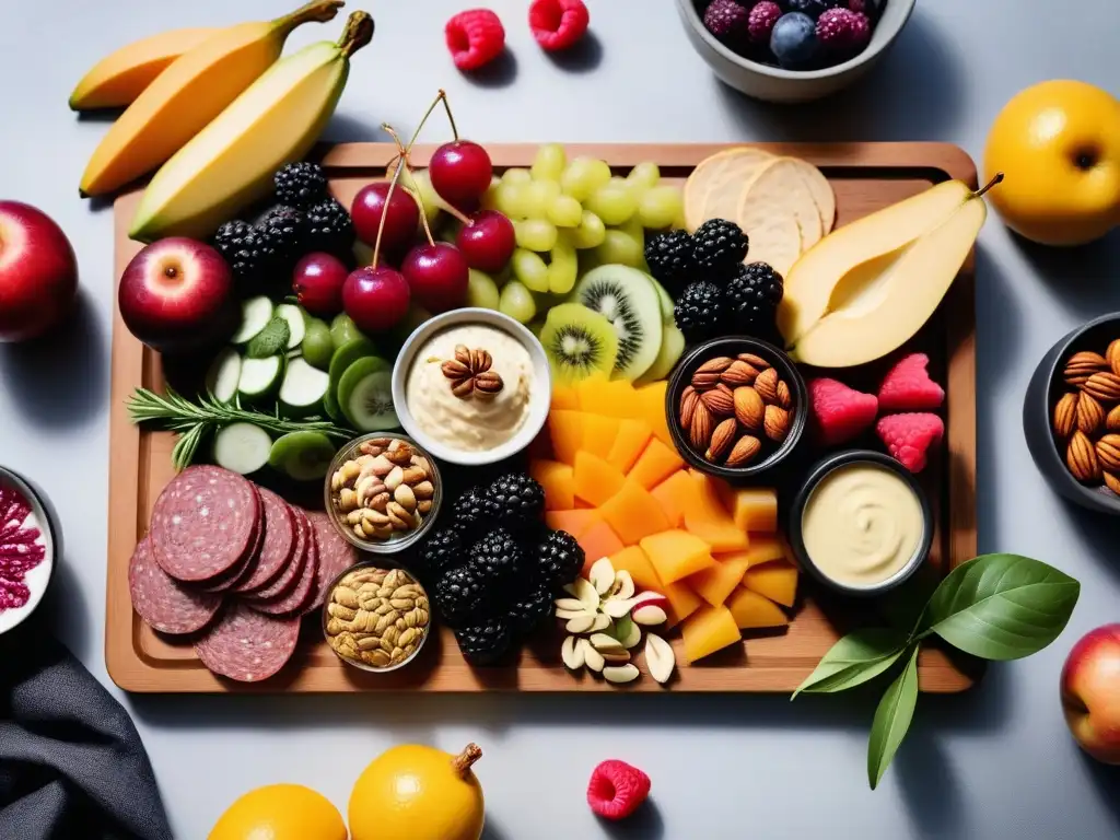 Tablero vegano con frutas, vegetales, nueces y quesos