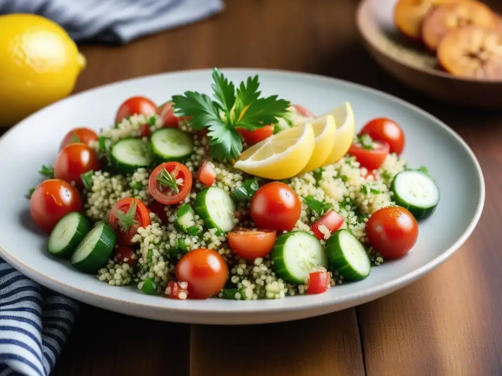 Un tabulé vegano saludable: tomates, pepino, perejil, quinoa y aderezo de limón y aceite de oliva, en un ambiente fresco y elegante