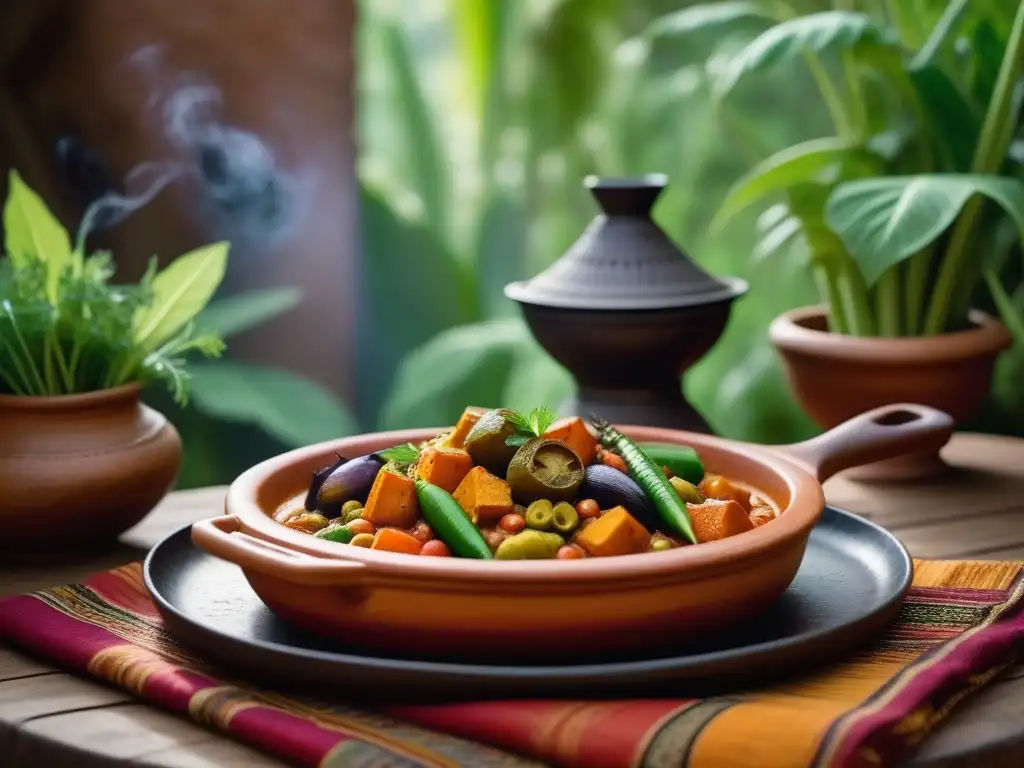 Un tagine vegano africano vibrante con verduras frescas en salsa de tomate, en una olla de barro