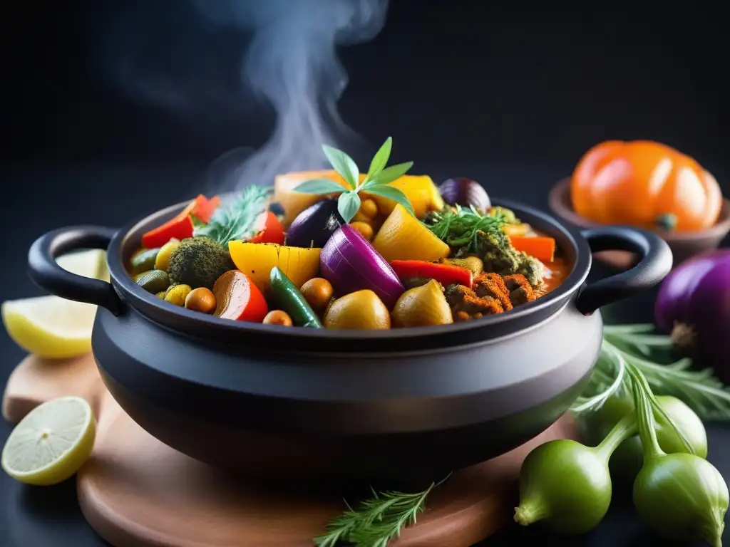 Un tagine vegano marroquí vibrante y detallado con verduras coloridas, especias aromáticas y hierbas frescas, en una olla tradicional