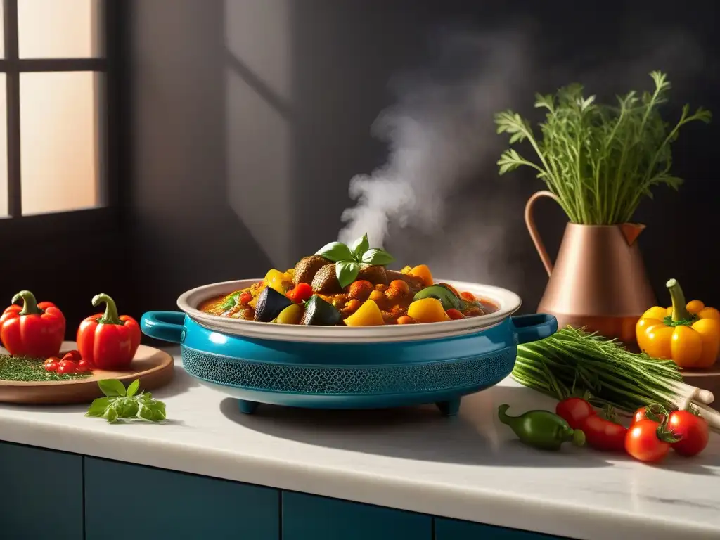 Un tagine vegano repleto de verduras coloridas y aromáticas en una cocina moderna