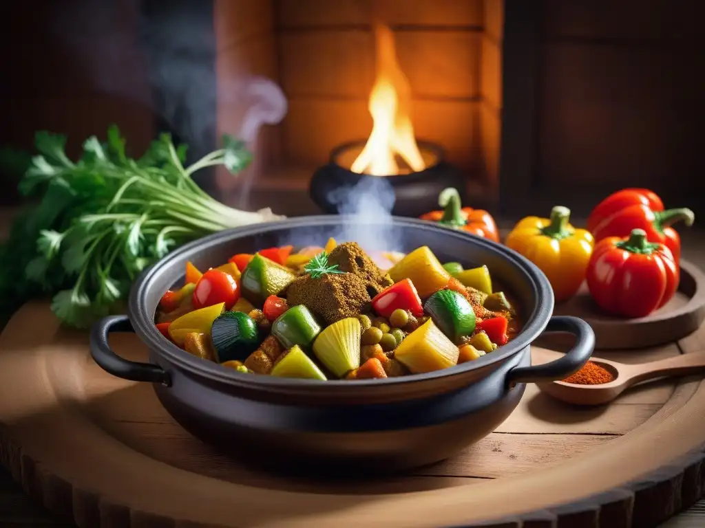 Un tagine vegano de verduras vibrantes en una mesa rústica con azulejos marroquíes