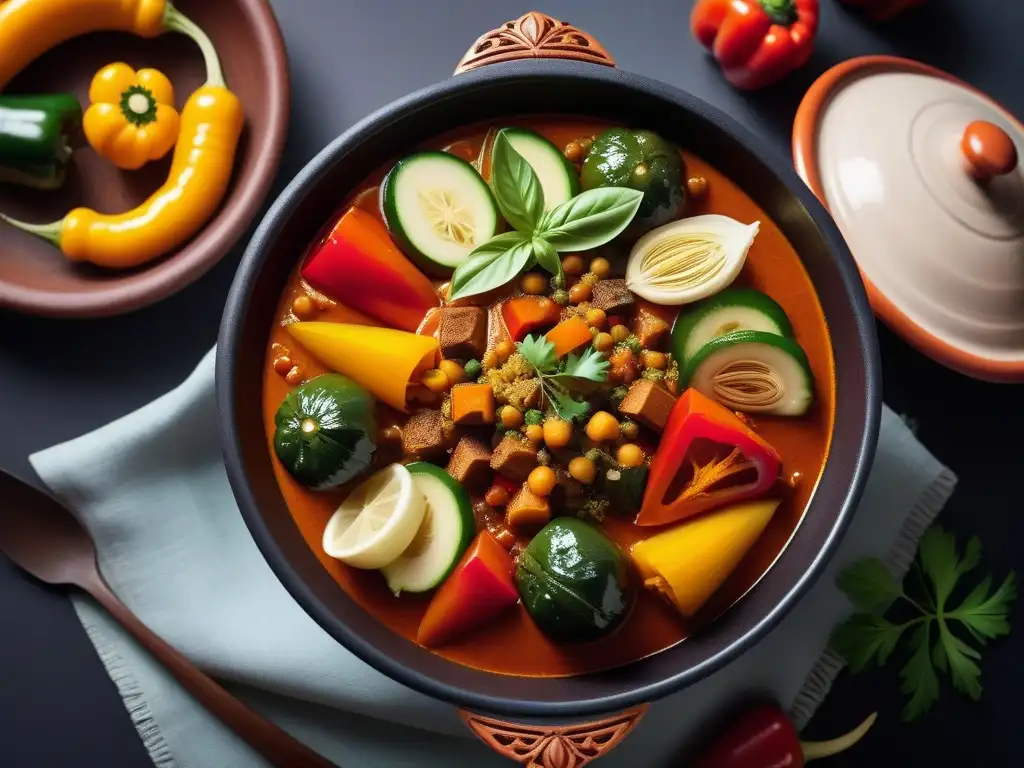 Un tagine vegano vibrante con vegetales frescos y especias aromáticas, cocinado en una olla de cerámica sahariana