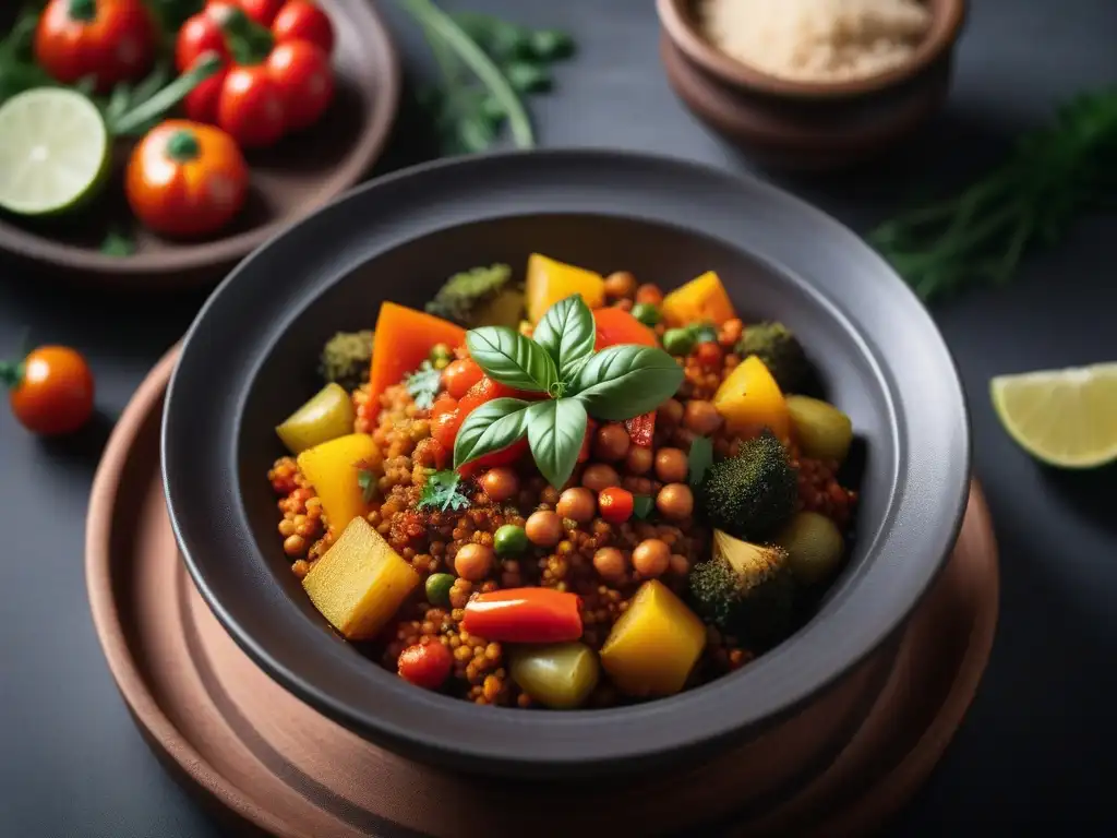 Un Tajín vegano marroquí con vegetales y especias coloridas, cocinados a la perfección en una olla tradicional, evocando sabores y colores