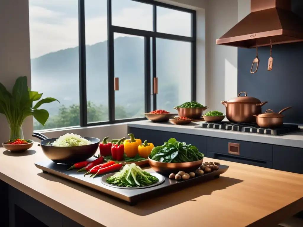 Un taller de cocina china vegana: una escena serena con ingredientes frescos en una mesa de madera y una cocina moderna brillando al fondo