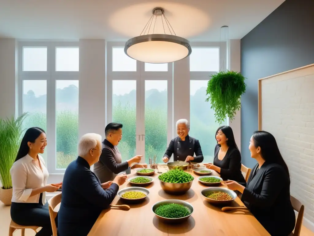 Taller de cocina china vegana: ambiente inclusivo y vibrante con gente de todas las edades y etnias cocinando felices en una cocina moderna y luminosa