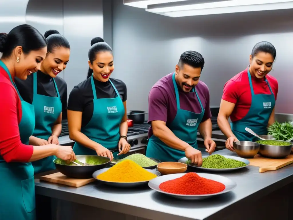 Taller de cocina mexicana vegana: colorido, creativo y multicultural, con participantes felices y colaborativos