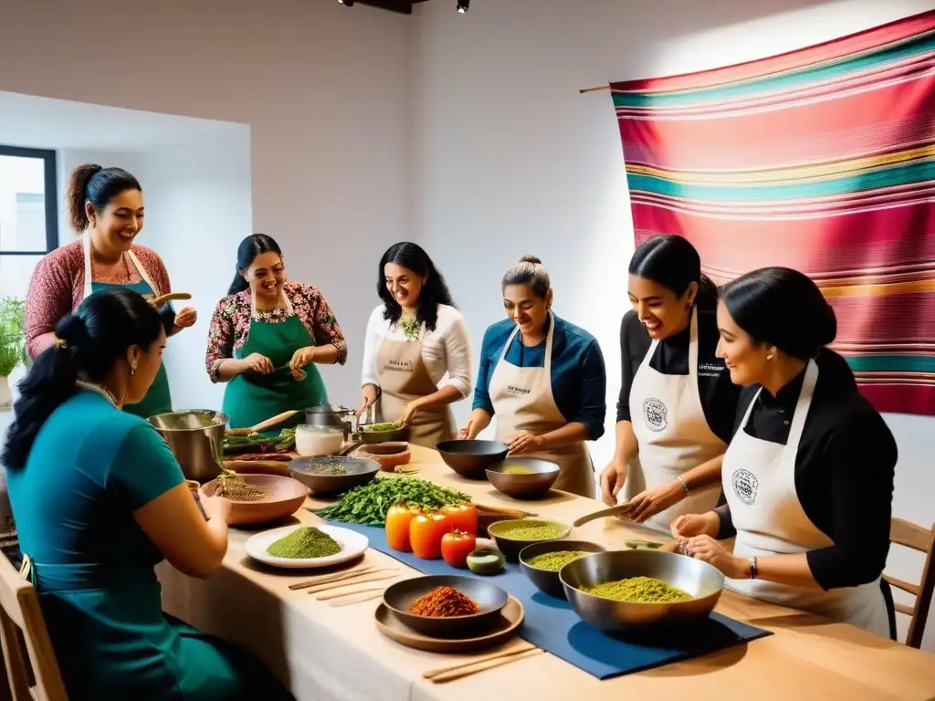 Un taller de cocina mexicana vegana vibrante y concurrido, donde la diversidad y la alegría se mezclan en la preparación de deliciosas recetas