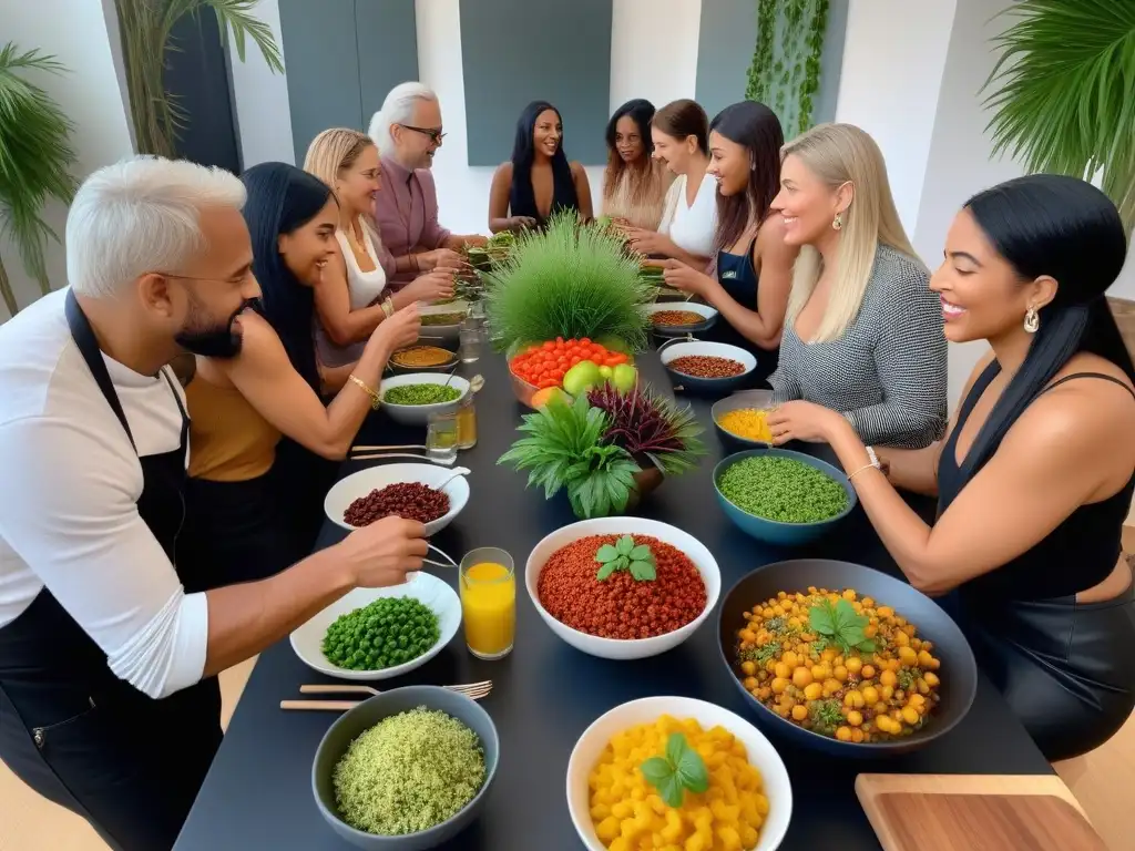 Un taller de cocina vegana brasileña: participantes diversos comparten comida y tips en un ambiente moderno y acogedor