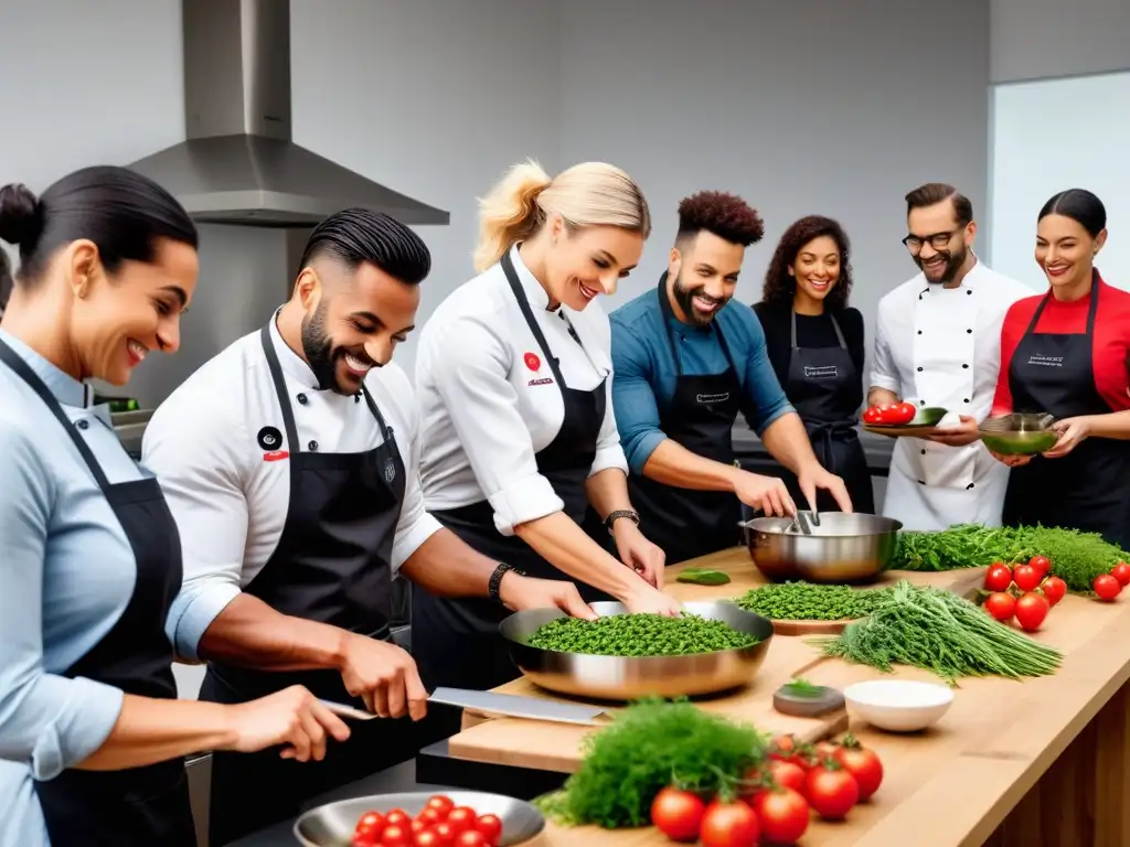 Un taller de cocina vegana francesa: participantes entusiastas preparando platos coloridos en cocina moderna y luminosa