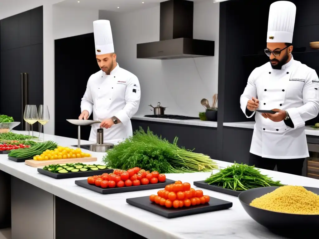 Un taller de cocina vegana francesa con un chef preparando un plato gourmet mientras participantes observan atentos