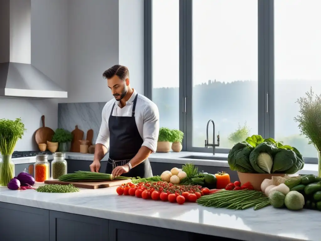 Taller de cocina vegana francesa con vegetales frescos y utensilios organizados en encimera de mármol