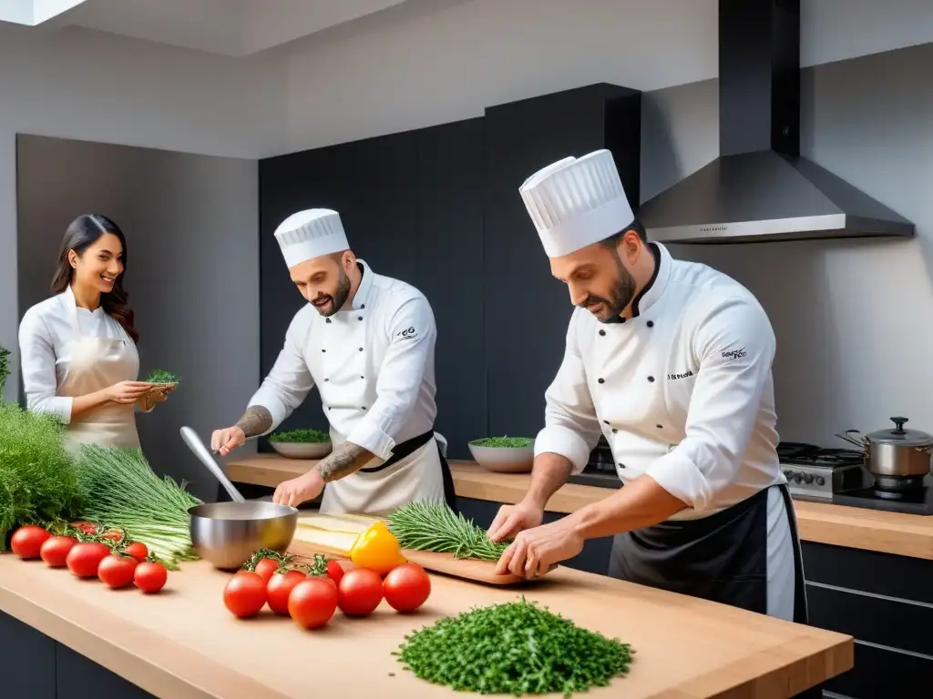 Un taller de cocina vegana italiana: chef preparando raviolis mientras participantes cortan hierbas y verduras frescas