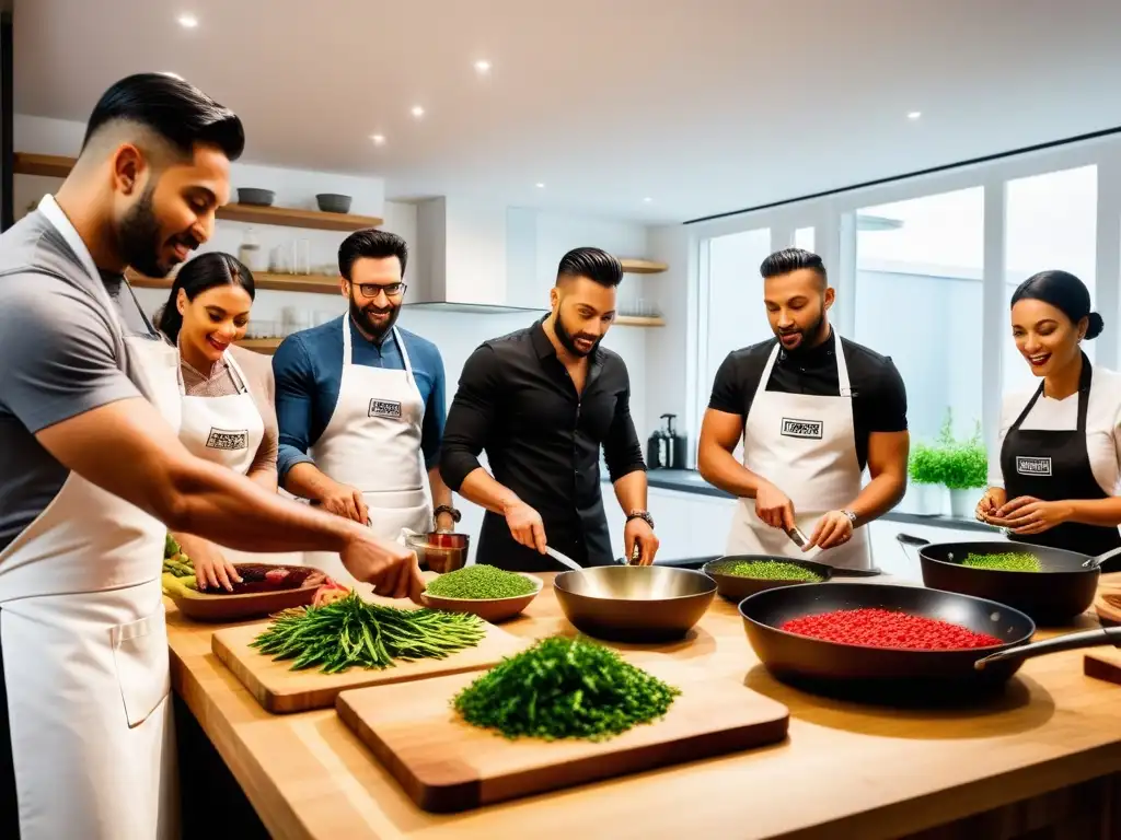 Un taller de cocina vegana italiana: un grupo diverso disfruta aprendiendo en una moderna cocina llena de ingredientes coloridos y aromas de hierbas