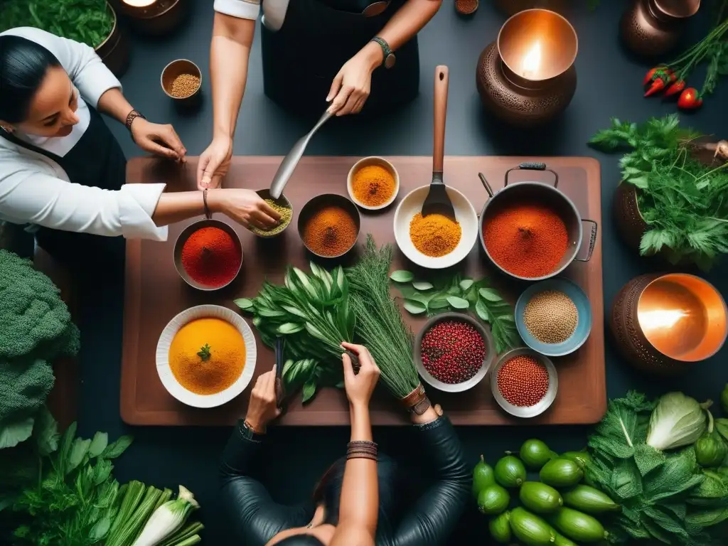 Clase de cocina vegana en Marruecos: Chef experta prepara tagine aromático Un taller de cocina vegana marroquí, con una mesa de madera repleta de especias, vegetales y frutas exóticas