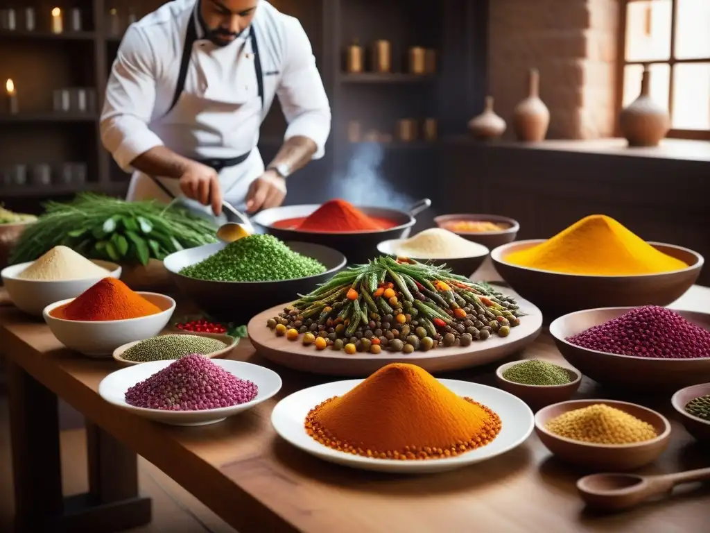 Workshop de cocina vegana marroquí: colores y sabores exóticos Taller de cocina vegana marroquí: mesa de madera con especias y verduras, chef preparando tagine mientras participantes observan