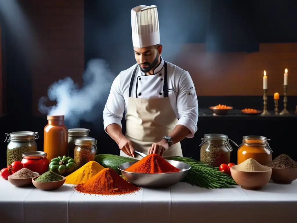 Taller de cocina vegana en Marruecos: aromas, colores y sabores Taller de cocina vegana marroquí: mesa decorada con especias, verduras y utensilios, chef preparando delicioso platillo