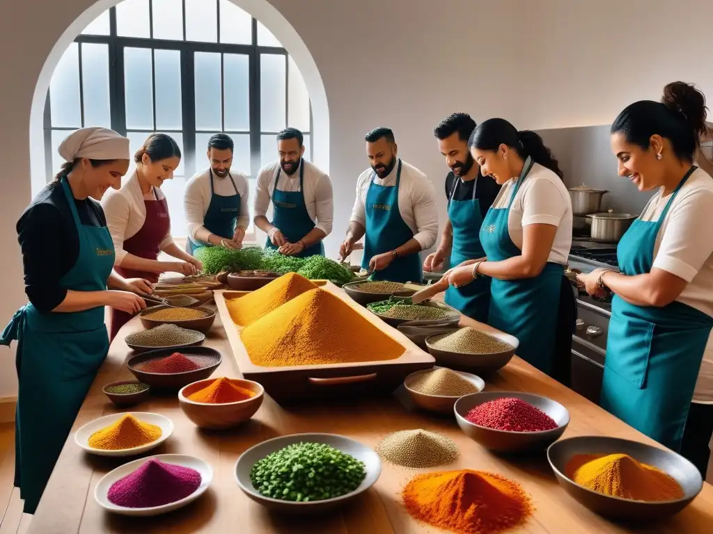 Taller de cocina marroquí: Colorida y vibrante demostración vegana Un taller de cocina vegana marroquí, con una mesa de madera, especias y verduras coloridas