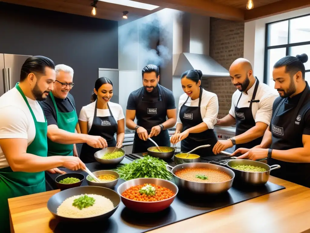 Taller de cocina vegana mexicana: grupo diverso preparando platos tradicionales con un toque contemporáneo en una cocina moderna y equipada