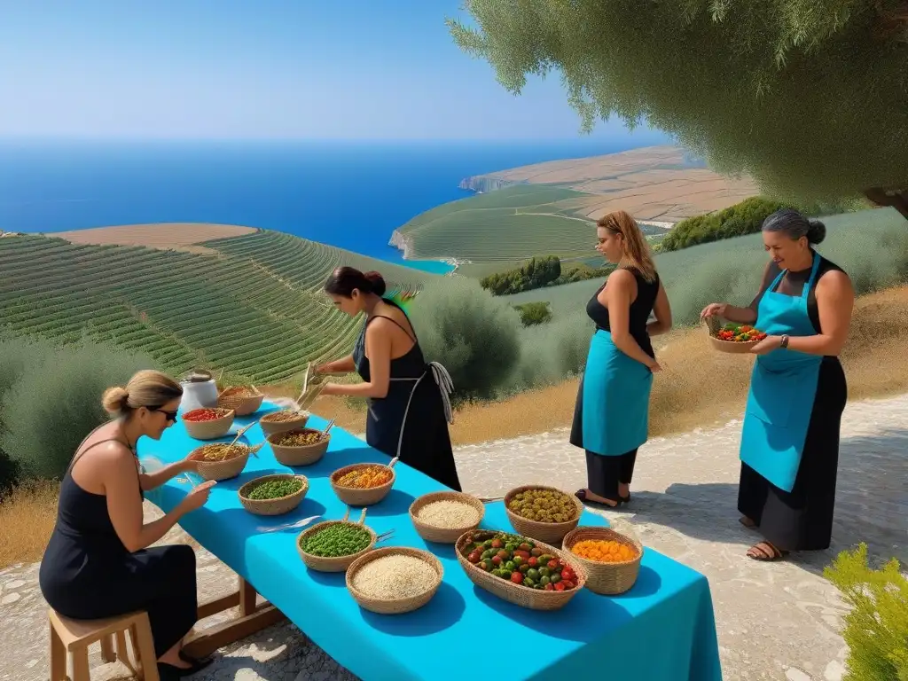 Taller de cocina vegana en Grecia: participantes preparan platos griegos veganos bajo la guía de un chef