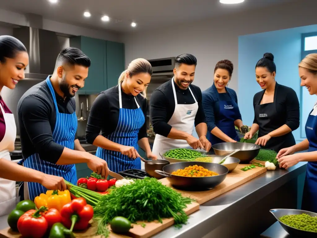 Un taller de cocina vegana peruana vibrante y bullicioso, donde participantes aprenden y preparan platillos coloridos