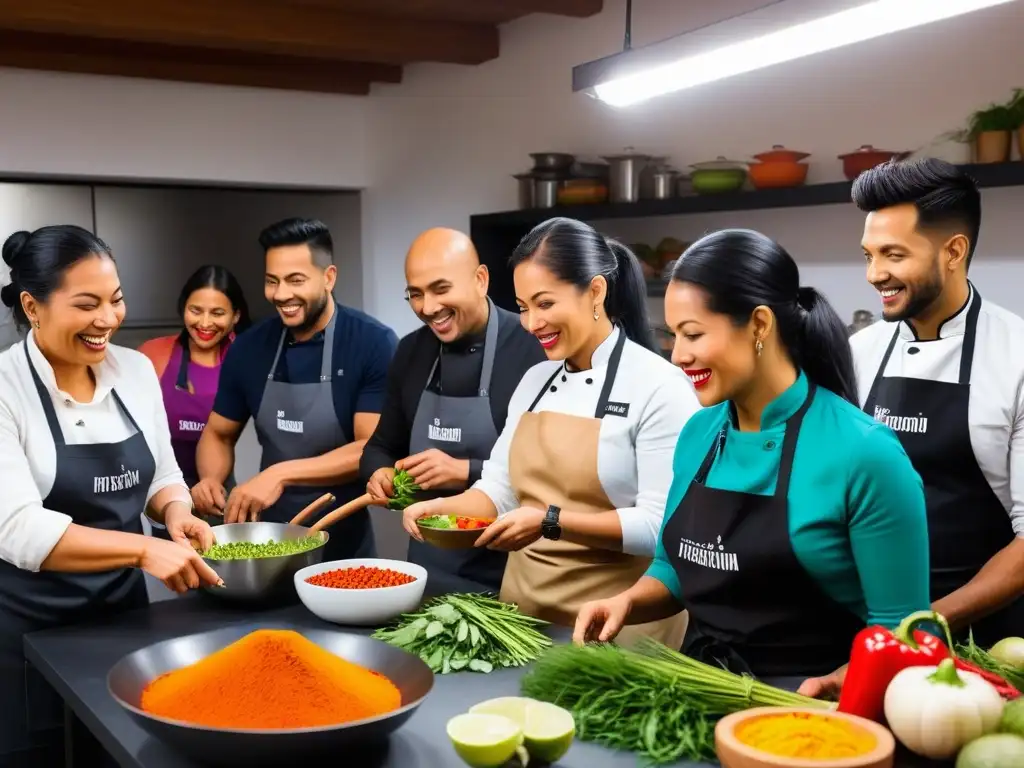 Taller de cocina vegana peruana: participantes preparan platos peruanos con vegetales y especias, creando una escena vibrante y comunitaria