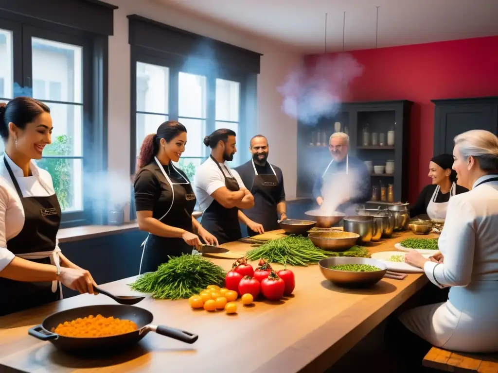 Un taller de cocina vegana portuguesa vibrante con participantes entusiastas aprendiendo técnicas culinarias