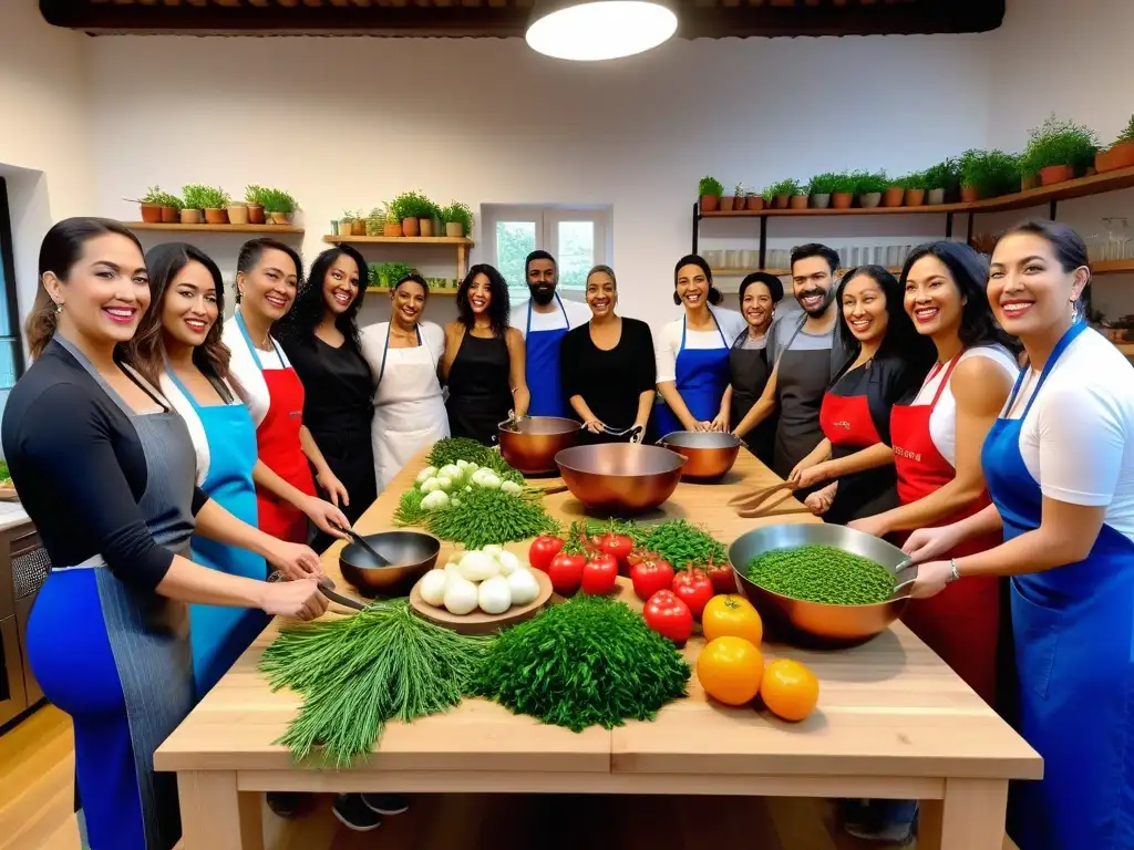 Un taller de cocina vegana portuguesa con una vibrante y diversa comunidad disfrutando juntos de la preparación culinaria