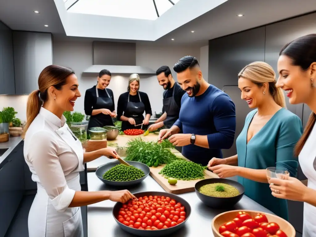 Un taller de cocina vegana tradicional en España con ingredientes frescos y participantes felices