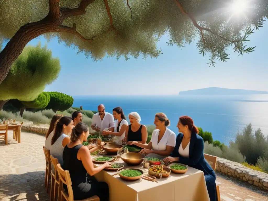 Taller de cocina vegana en Grecia: vibrante escena culinaria al aire libre con participantes felices entre olivos y mar Mediterráneo