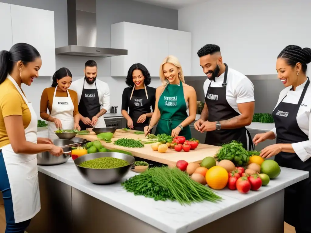 Un taller de cocina vegana vibrante y educativo con personas de todas las edades y etnias, preparando ingredientes coloridos en una cocina moderna