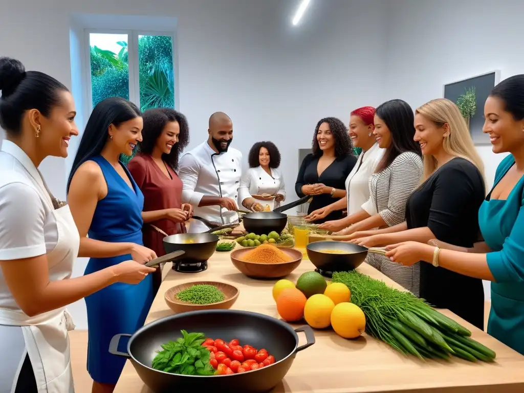 Un taller exclusivo de cocina vegana brasileña con frutas tropicales y verduras coloridas, en un ambiente moderno y profesional