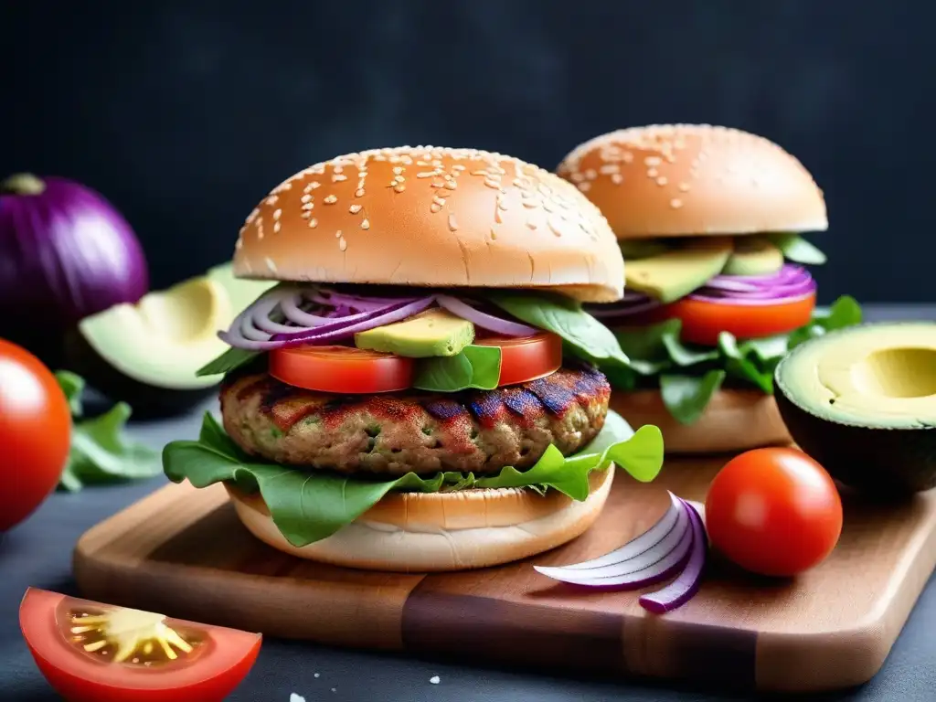 Taller hamburguesas veganas saludables: coloridas hamburguesas veganas rodeadas de ingredientes frescos y orgánicos en una presentación artística