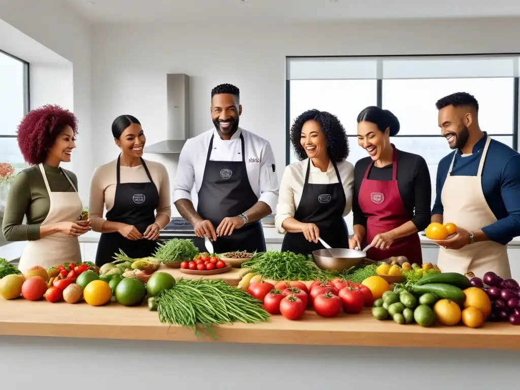 Un taller intensivo de cocina vegana revela secretos en una cocina vibrante y llena de vida, donde personas de todas las edades cocinan juntas