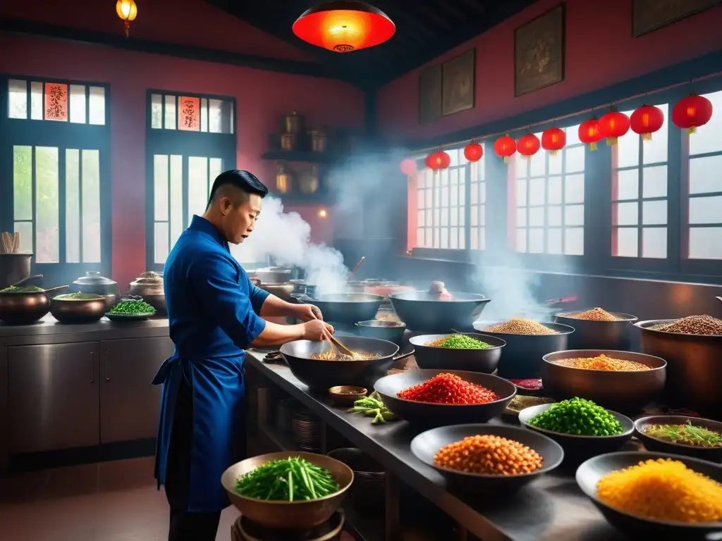 Un taller vibrante de cocina china vegana con chefs preparando platos coloridos, rodeados de decoración tradicional china y utensilios de cocina