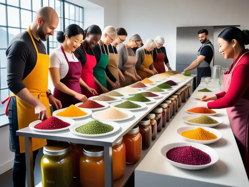 Talleres prácticos fermentación vegana: Comunidad diversa aprendiendo juntos en un espacio luminoso y colorido con ingredientes fermentados