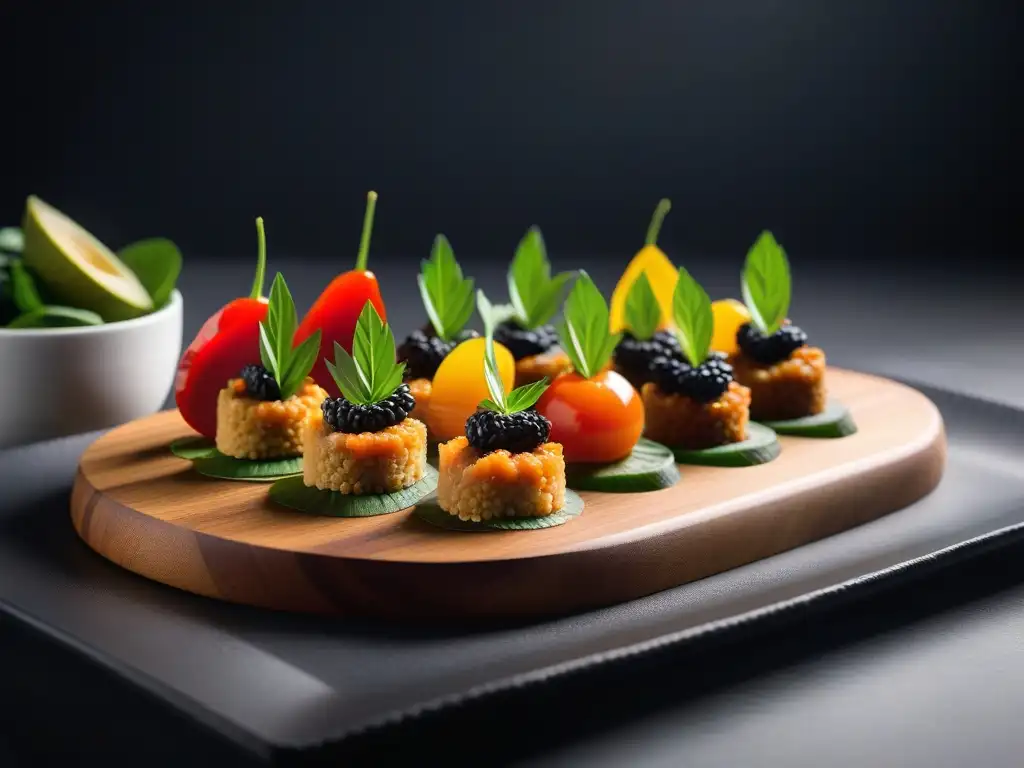 Tapas veganas para sorprender: Una exhibición vibrante de tapas modernas, coloridas y elegantes con ingredientes frescos y variados