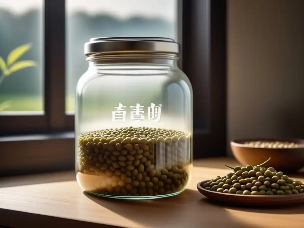 Un tarro de cristal con 'Natto Vegano' en caligrafía, contiene soja fermentada