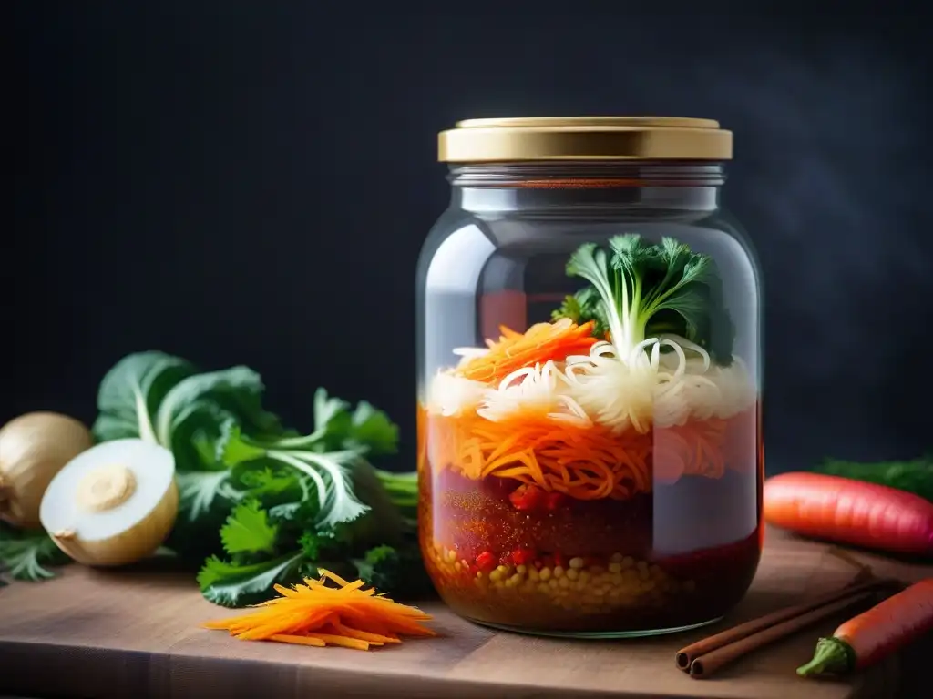 Tarro vibrante de kimchi vegano casero, reflejando la fermentación en cocina vegana asiática