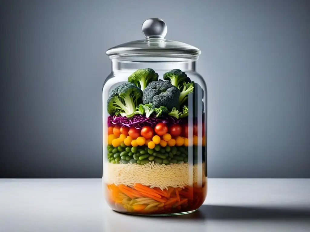 Tarro de vidrio con fermentación vegana colorida Tarro de vidrio con capas coloridas de vegetales fermentados, reflejando la fermentación en cocina vegana sin aceite de forma moderna y cautivadora