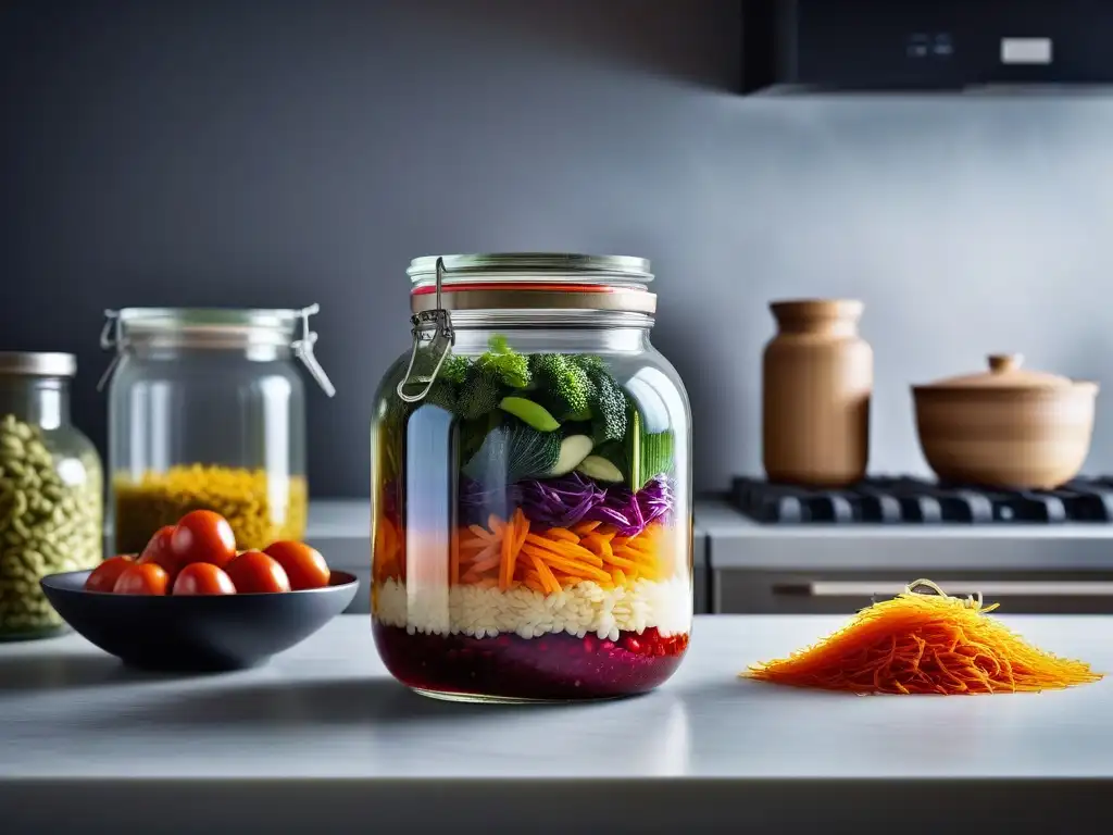 Un tarro de vidrio con capas coloridas de vegetales fermentando en cocina vegana asiática