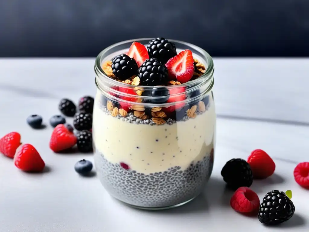 Un tarro de vidrio con capas de delicioso pudding vegano de chía, bayas frescas y granola crujiente