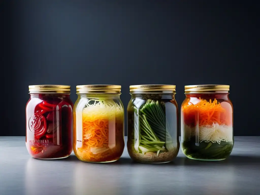 Un tarro de vidrio con capas de kimchi vegano y chucrut caseros, en fermentación, con colores vibrantes y texturas variadas