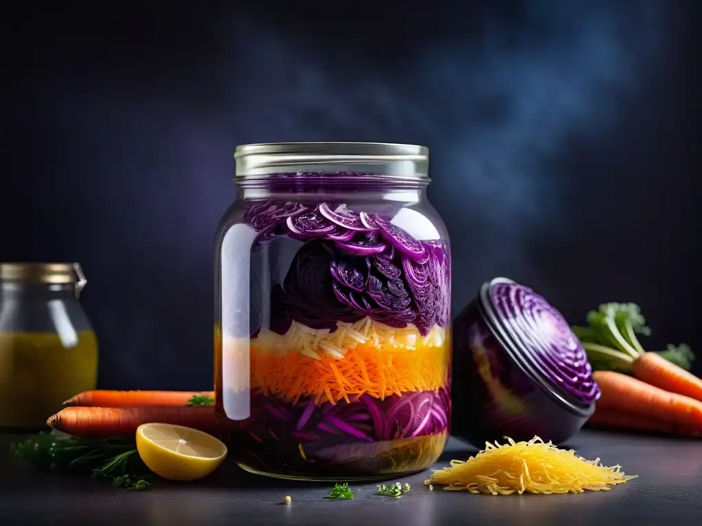 Tarro de vidrio con capas de col morada, zanahorias y especias en fermentación de sauerkraut vegano